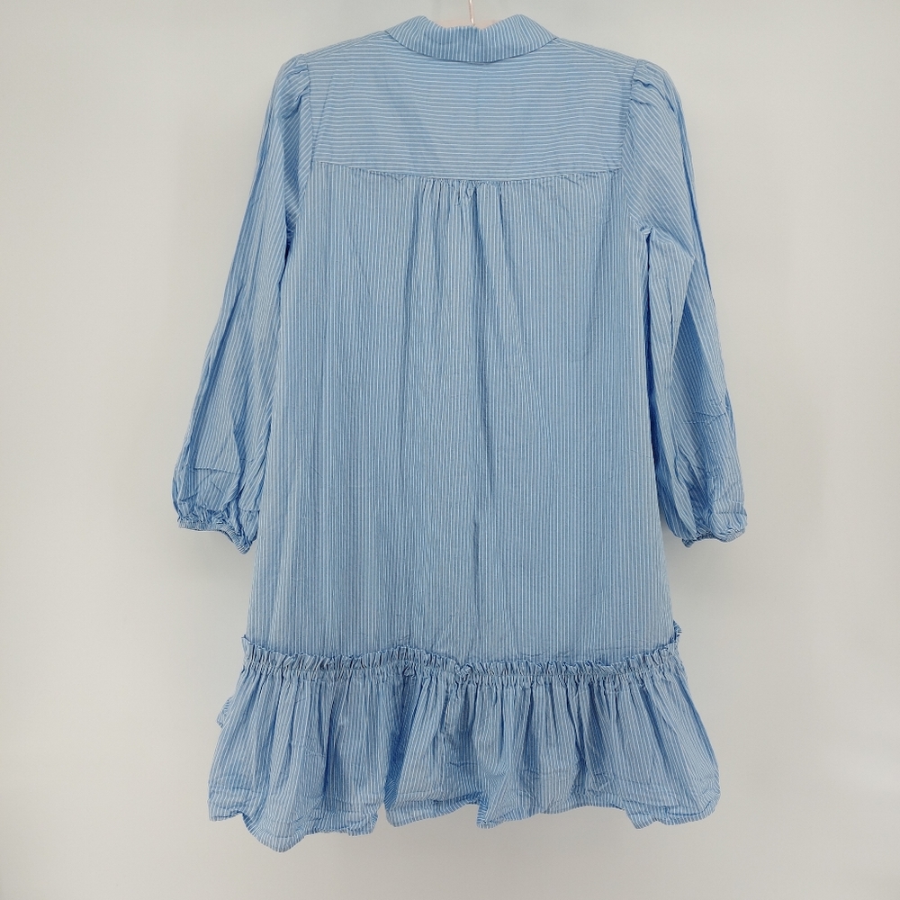 ANTHROPOLOGIE Blue Striped Shirtdress Size M Ruffle Hem Button Up Balloon Sleeve - Picture 11 of 11
